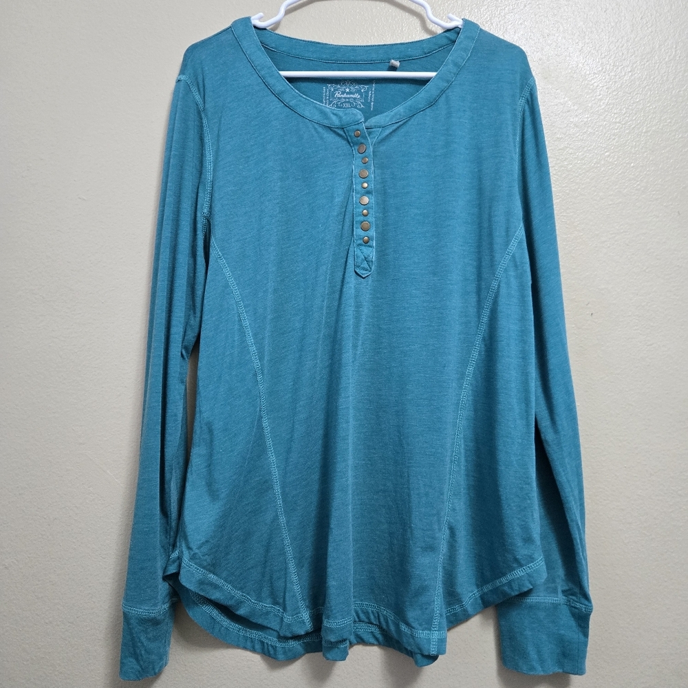 PANHANDLE Shirt Womens XXL Turquoise V Seam Snap Henley Long‎ Sleeve Western